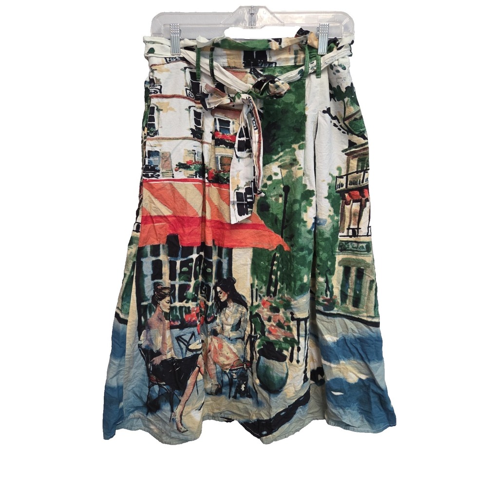 HER Destiny Skirt Womens L Multicolor City Art Pleated Full Midi Belted